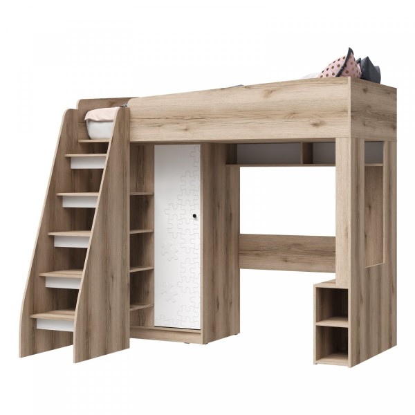 КИВИ КР-02 Кровать-чердак (1990х1755х1580)Фасад МДФ СУПЕРМАТ БЕЛЫЙ/Корпус ДУБ ДЕЛАНО